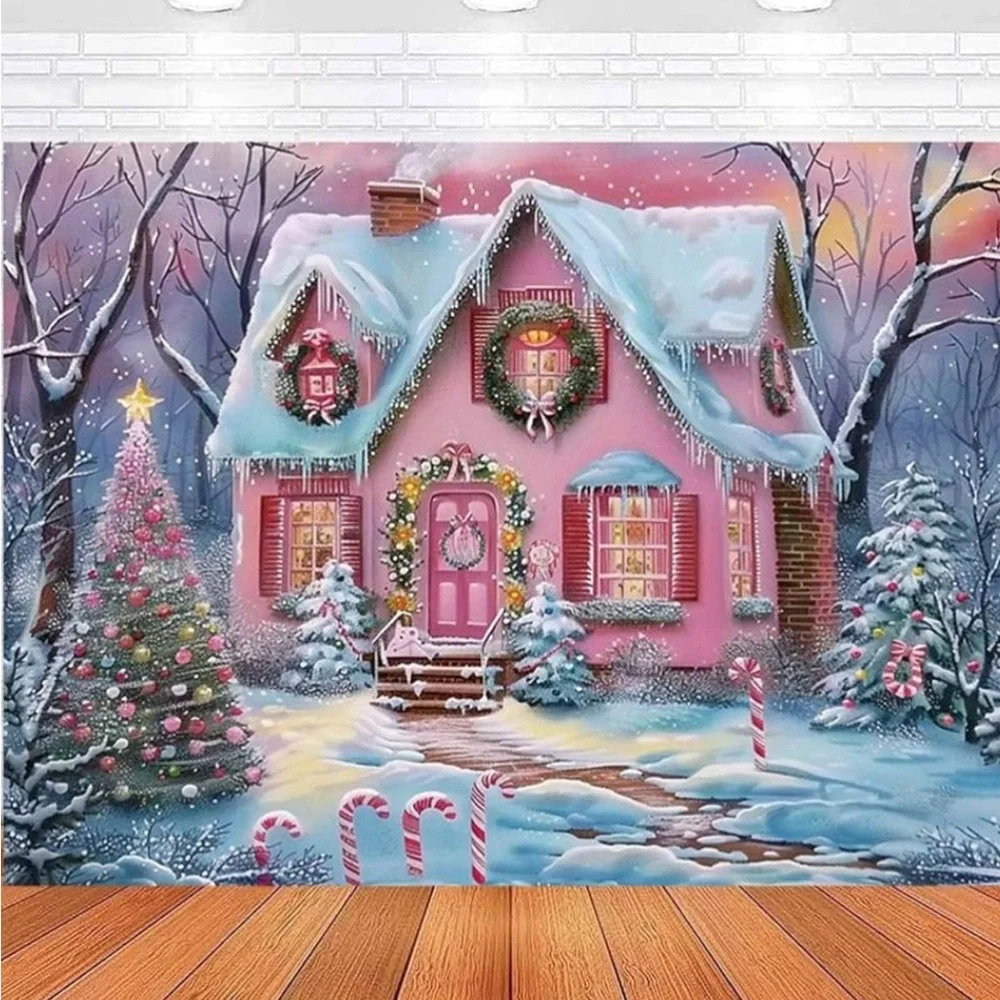 Pink Merry Christmas Gingerbread House Backdrop,5 x 7